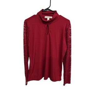 French Laundry Red Lace Sleeves Keyhole Mock Neck Top Size Large Holiday Boho